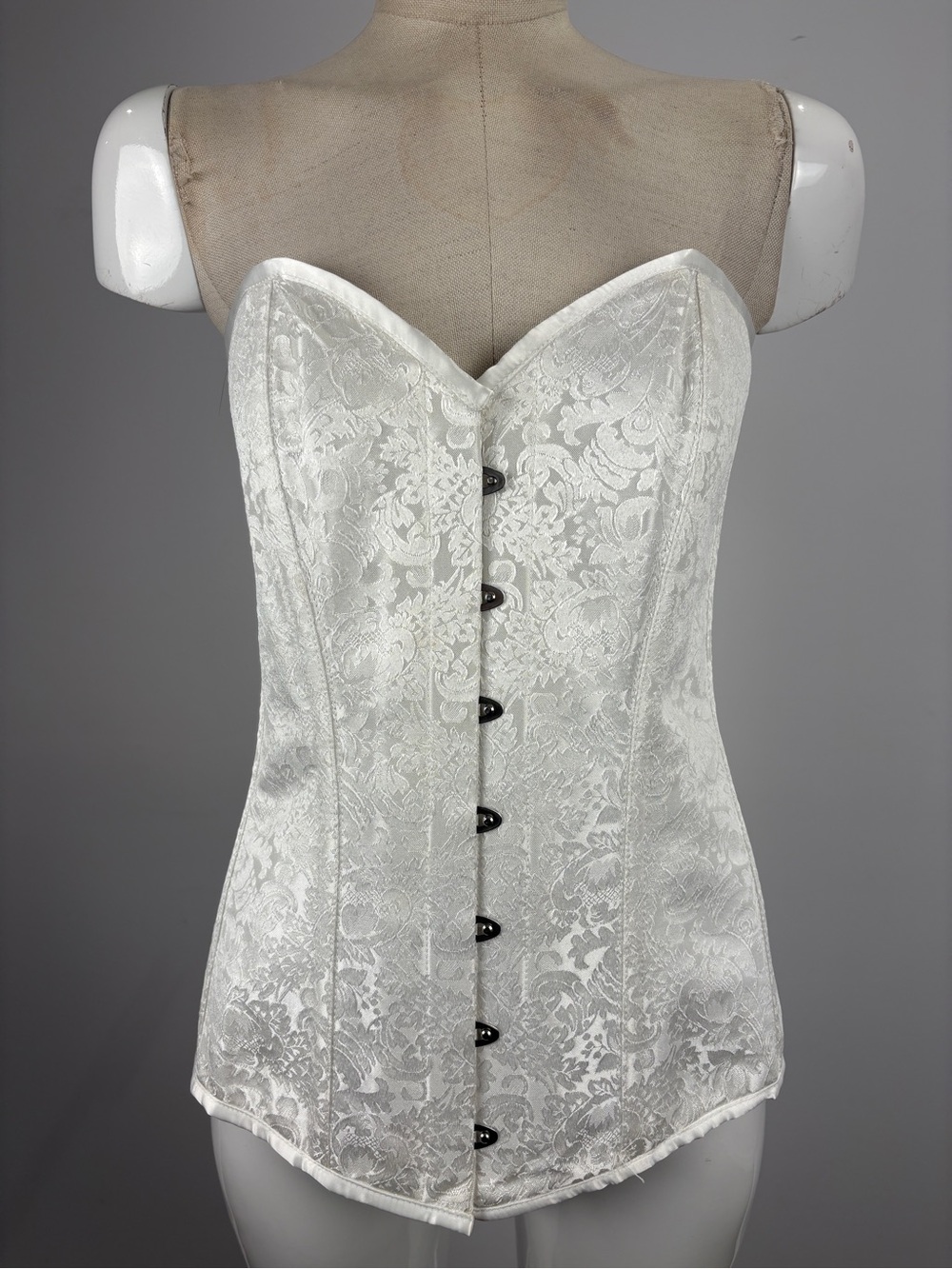 White Floral Brocade Steel Boned Overbust Corset Bridal Ren Faire 38